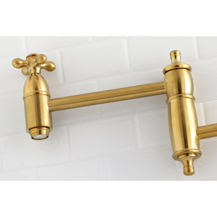 Kingston Heirloom KS3107AX - Restoration Two-Handle 1-Hole Wall Mount Pot Filler Faucet, Brushed Brass