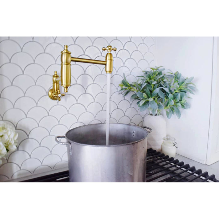 Kingston Heirloom KS3107AX - Restoration Two-Handle 1-Hole Wall Mount Pot Filler Faucet, Brushed Brass