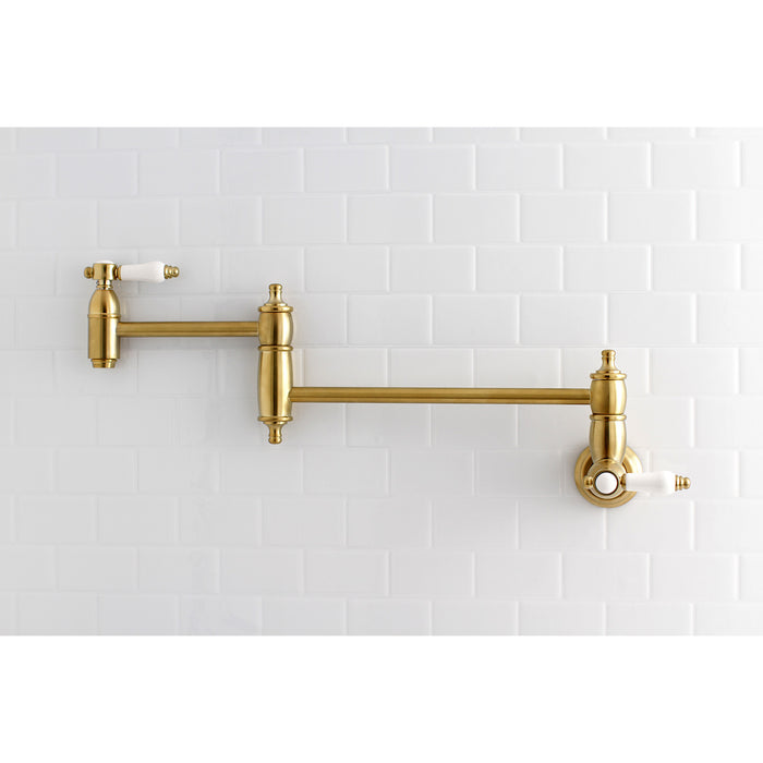 Kingston Heirloom KS3107BPL - Bel-Air Two-Handle 1-Hole Wall Mount Pot Filler Faucet, Brushed Brass