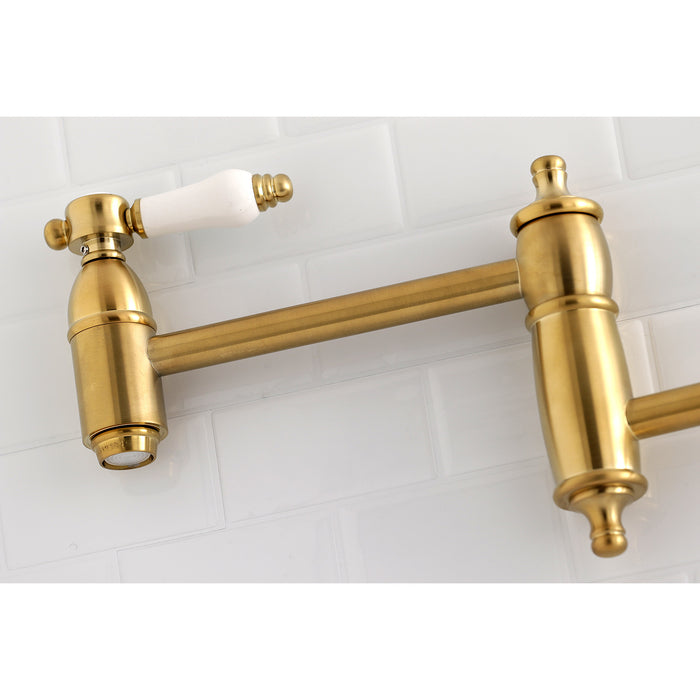 Kingston Heirloom KS3107BPL - Bel-Air Two-Handle 1-Hole Wall Mount Pot Filler Faucet, Brushed Brass