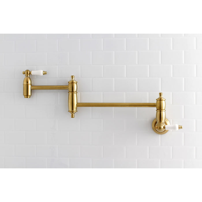 Kingston Heirloom KS3107PL - Restoration Two-Handle 1-Hole Wall Mount Pot Filler Faucet, Brushed Brass