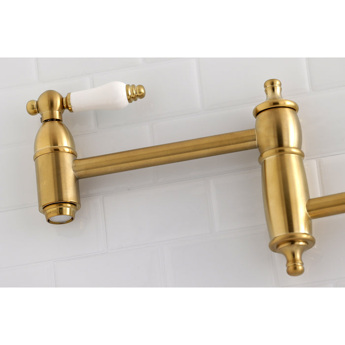 Kingston Heirloom KS3107PL - Restoration Two-Handle 1-Hole Wall Mount Pot Filler Faucet, Brushed Brass