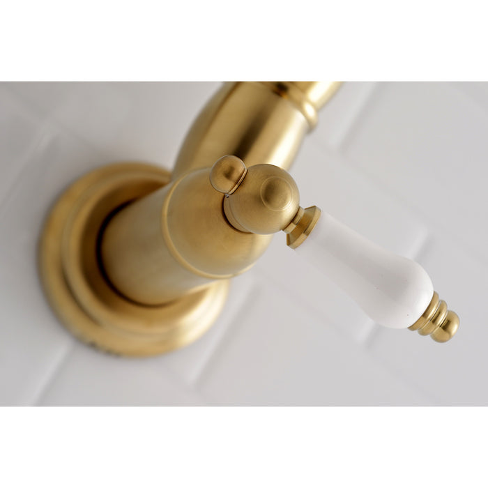 Kingston Heirloom KS3107PL - Restoration Two-Handle 1-Hole Wall Mount Pot Filler Faucet, Brushed Brass