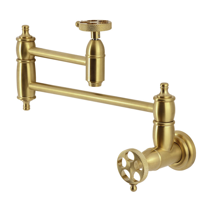 Kingston Tulare KS3107RKX - Webb Two-Handle 1-Hole Wall Mount Pot Filler Faucet with Knurled Handle, Brushed Brass