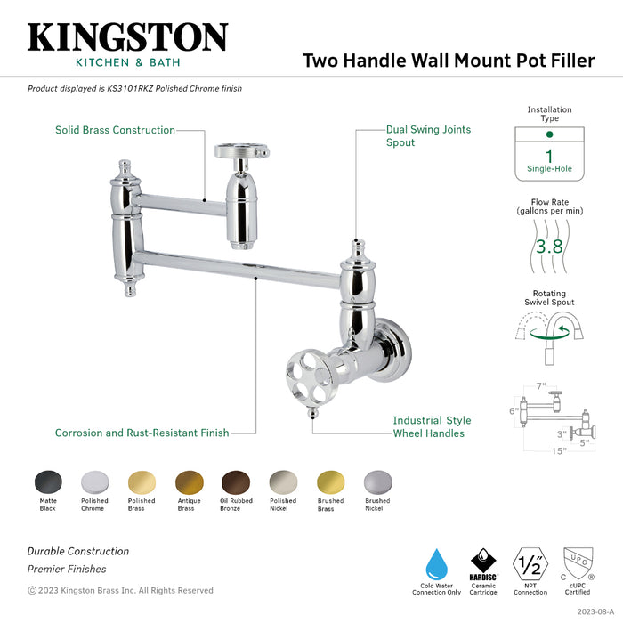 Kingston Heirloom KS3107RKZ - Wendell Two-Handle 1-Hole Wall Mount Pot Filler Faucet with Knurled Handle, Brushed Brass