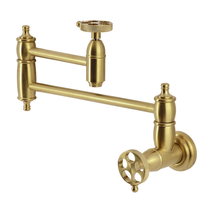 Kingston Heirloom KS3107RKZ - Wendell Two-Handle 1-Hole Wall Mount Pot Filler Faucet with Knurled Handle, Brushed Brass
