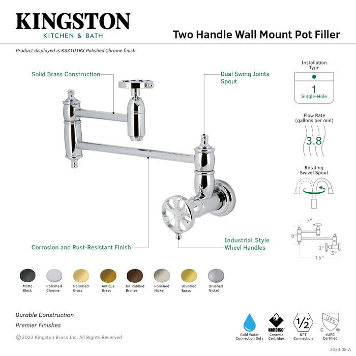 Kingston Tulare KS3107RX - Belknap Two-Handle 1-Hole Wall Mount Pot Filler Faucet, Brushed Brass