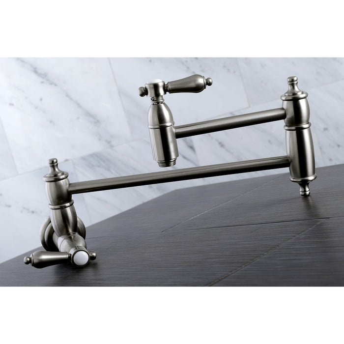 Kingston Heirloom KS3108BAL - Heirloom Two-Handle 1-Hole Wall Mount Pot Filler Faucet, Brushed Nickel