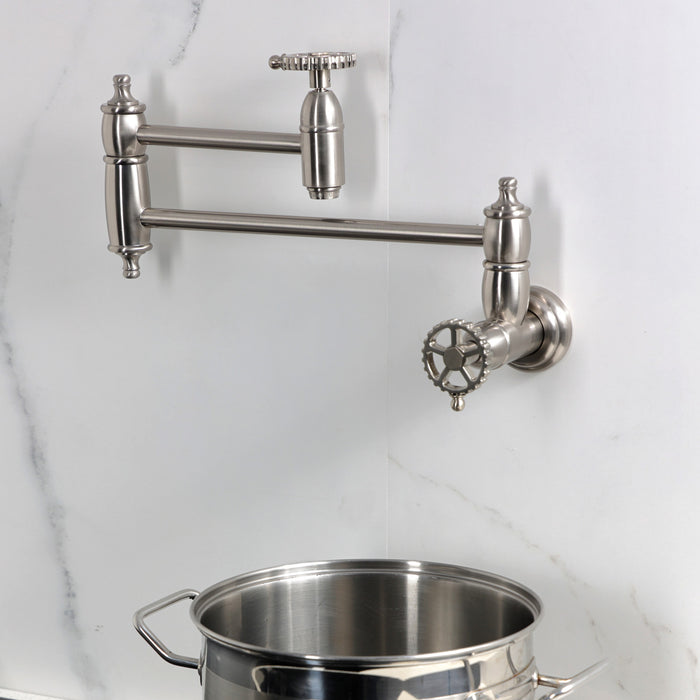 Kingston Tulare KS3108CG - Fuller Two-Handle 1-Hole Wall Mount Pot Filler Faucet, Brushed Nickel