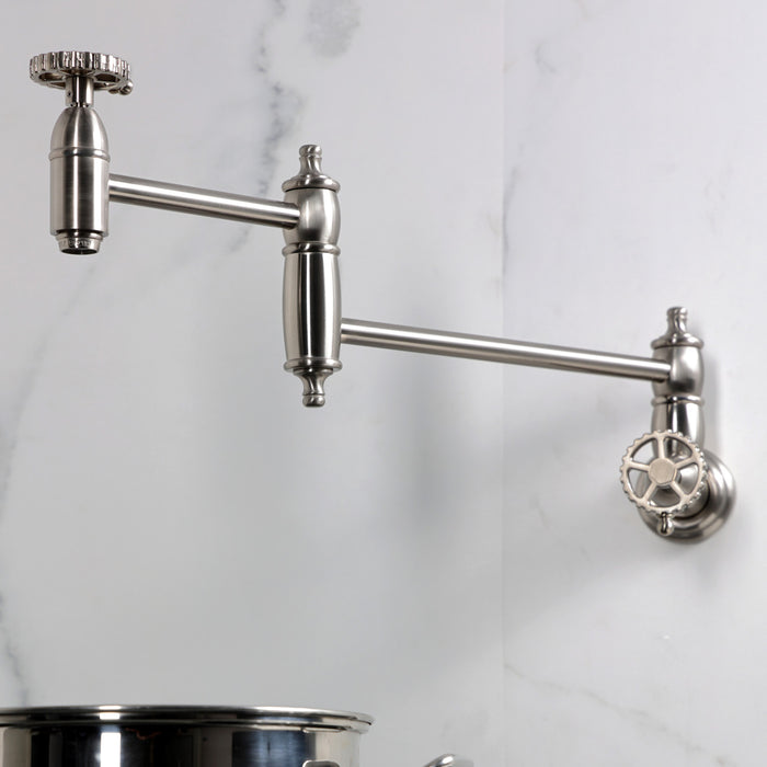 Kingston Tulare KS3108CG - Fuller Two-Handle 1-Hole Wall Mount Pot Filler Faucet, Brushed Nickel
