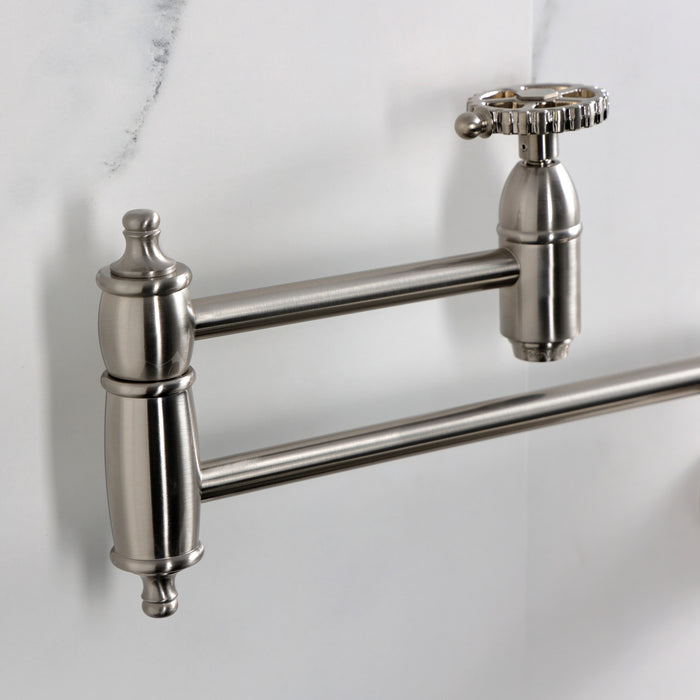 Kingston Tulare KS3108CG - Fuller Two-Handle 1-Hole Wall Mount Pot Filler Faucet, Brushed Nickel