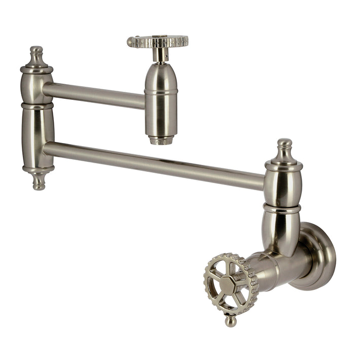 Kingston Tulare KS3108CG - Fuller Two-Handle 1-Hole Wall Mount Pot Filler Faucet, Brushed Nickel
