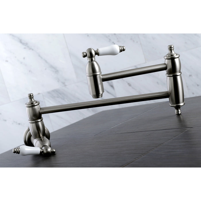 Kingston Heirloom KS3108PL - Restoration Two-Handle 1-Hole Wall Mount Pot Filler Faucet, Brushed Nickel