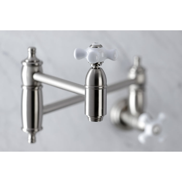 Kingston Heirloom KS3108PX - Restoration Two-Handle 1-Hole Wall Mount Pot Filler Faucet, Brushed Nickel