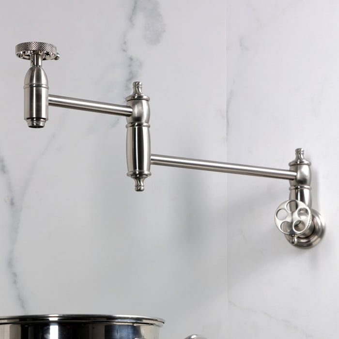 Kingston Tulare KS3108RKX - Webb Two-Handle 1-Hole Wall Mount Pot Filler Faucet with Knurled Handle, Brushed Nickel