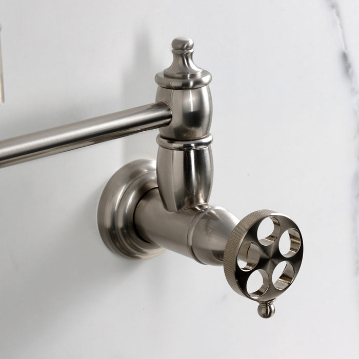 Kingston Heirloom KS3108RKZ - Wendell Two-Handle 1-Hole Wall Mount Pot Filler Faucet with Knurled Handle, Brushed Nickel