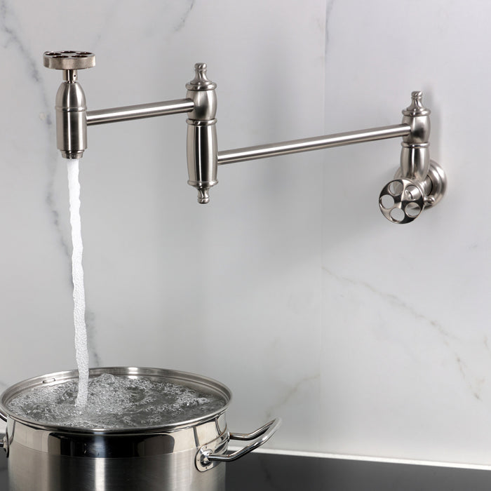 Kingston Heirloom KS3108RKZ - Wendell Two-Handle 1-Hole Wall Mount Pot Filler Faucet with Knurled Handle, Brushed Nickel