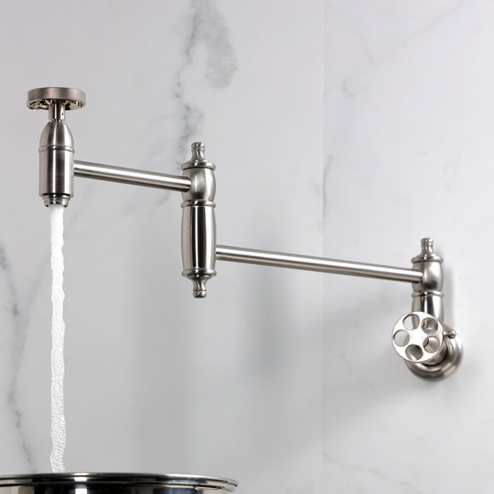 Kingston Heirloom KS3108RKZ - Wendell Two-Handle 1-Hole Wall Mount Pot Filler Faucet with Knurled Handle, Brushed Nickel