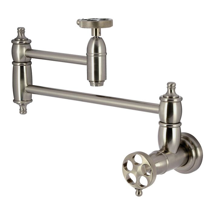Kingston Heirloom KS3108RKZ - Wendell Two-Handle 1-Hole Wall Mount Pot Filler Faucet with Knurled Handle, Brushed Nickel