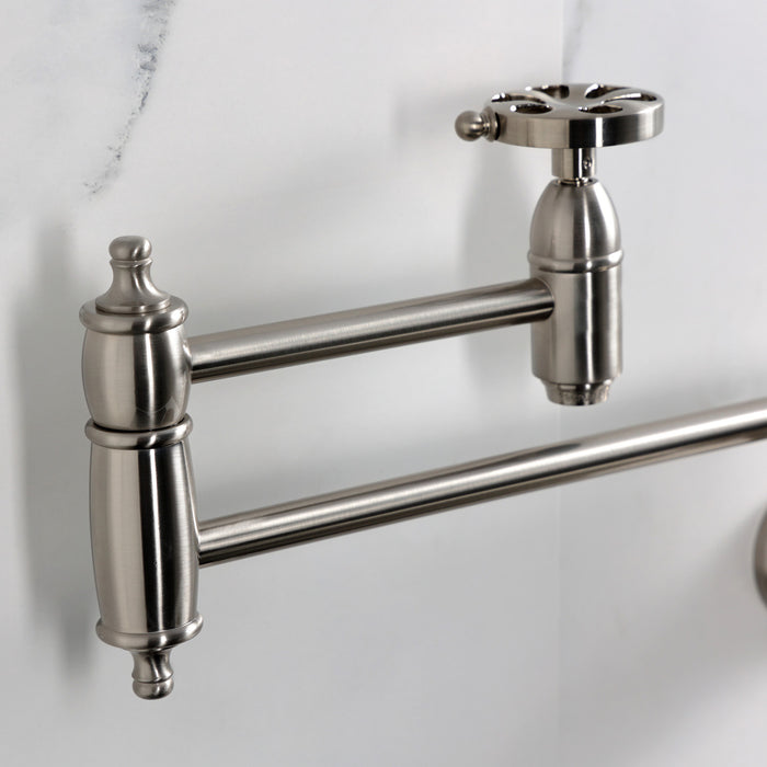 Kingston Tulare KS3108RX - Belknap Two-Handle 1-Hole Wall Mount Pot Filler Faucet, Brushed Nickel