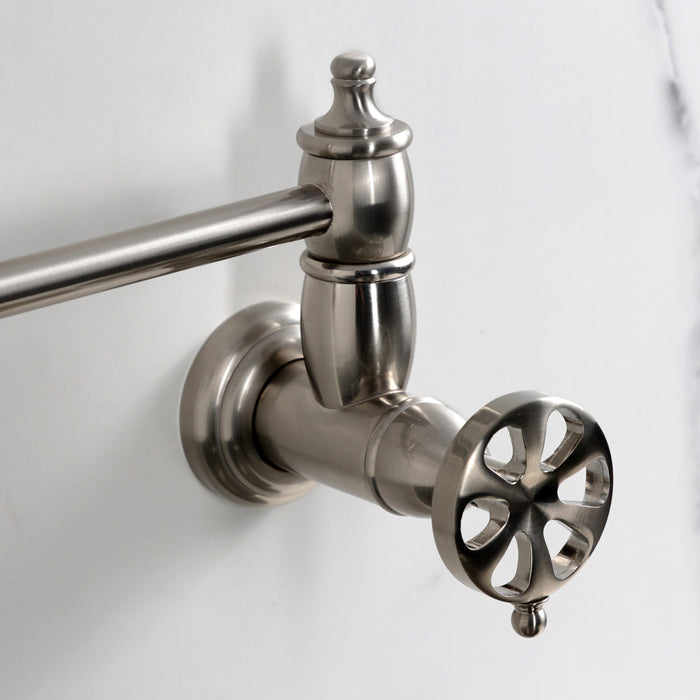 Kingston Tulare KS3108RX - Belknap Two-Handle 1-Hole Wall Mount Pot Filler Faucet, Brushed Nickel