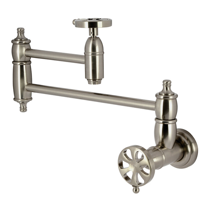 Kingston Tulare KS3108RX - Belknap Two-Handle 1-Hole Wall Mount Pot Filler Faucet, Brushed Nickel