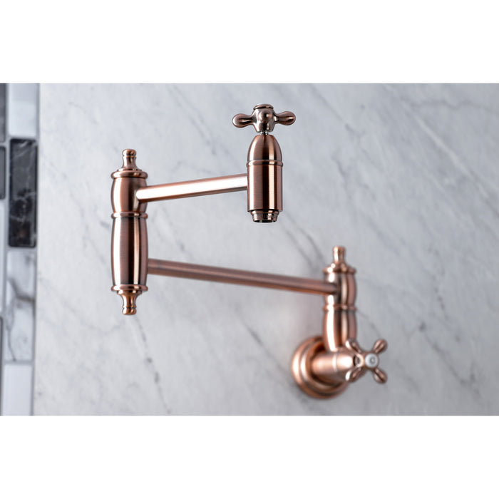 Kingston Heirloom KS310AXAC - Restoration Two-Handle 1-Hole Wall Mount Pot Filler Faucet, Antique Copper