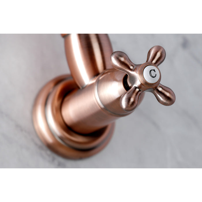 Kingston Heirloom KS310AXAC - Restoration Two-Handle 1-Hole Wall Mount Pot Filler Faucet, Antique Copper