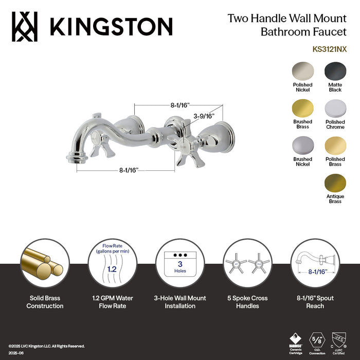 Hamilton KS3120NX Double-Handle 3-Hole Wall Mount Bathroom Faucet, Matte Black