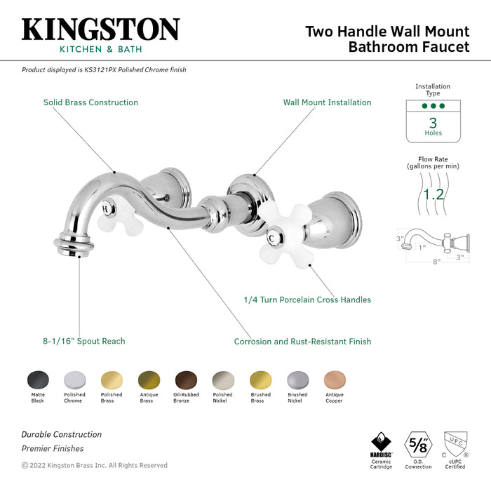 Kingston Heirloom KS3120PX - Vintage Double-Handle 3-Hole Wall Mount Bathroom Faucet, Matte Black