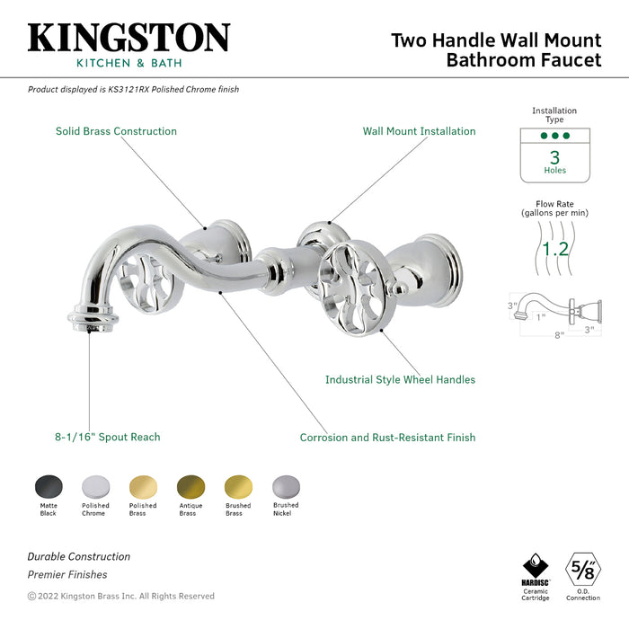 Kingston Tulare KS3120RX - Belknap Double-Handle 3-Hole Wall Mount Bathroom Faucet, Matte Black