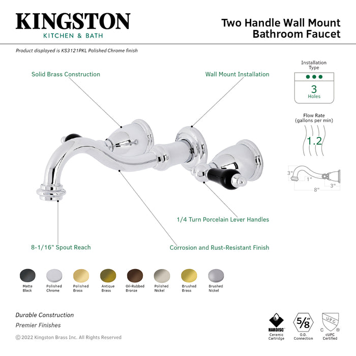 Kingston Heirloom KS3121PKL - Duchess Double-Handle 3-Hole Wall Mount Bathroom Faucet, Polished Chrome