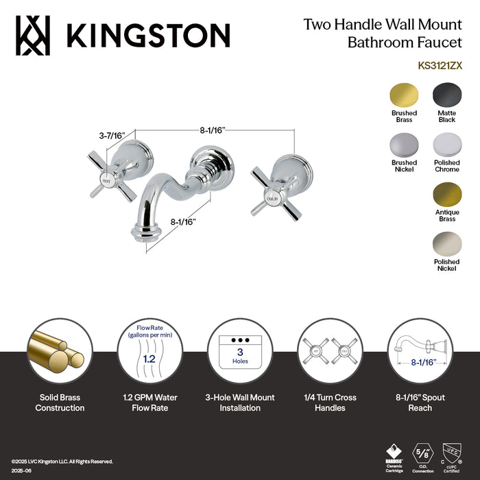 Kingston Heirloom KS3121ZX - Millennium Double-Handle 3-Hole Wall Mount Bathroom Faucet, Polished Chrome