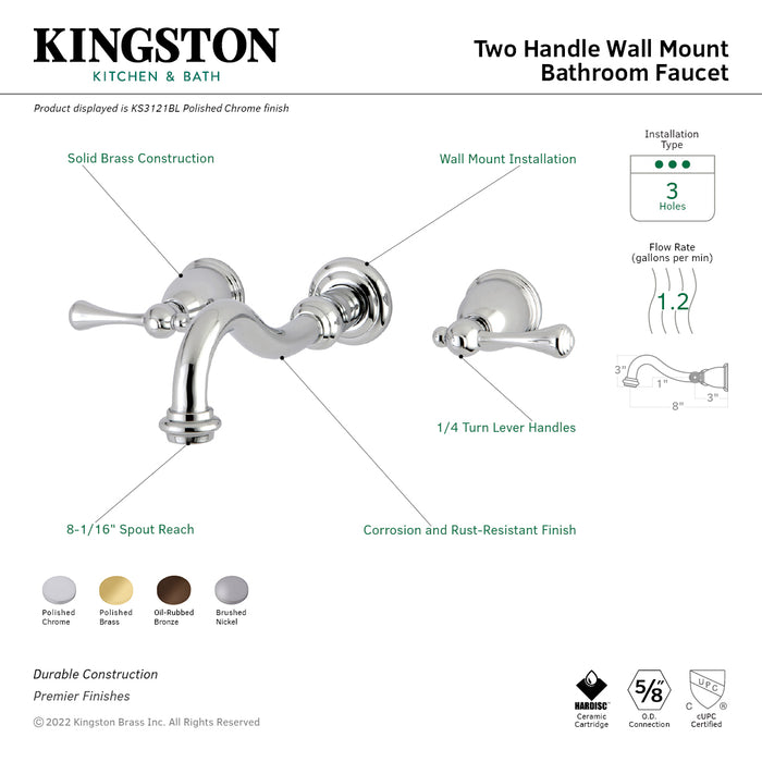 Kingston Heirloom KS3122BL - Vintage Double-Handle 3-Hole Wall Mount Bathroom Faucet, Polished Brass