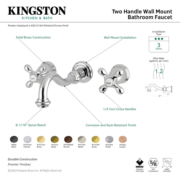 Kingston Heirloom KS3123AX - Vintage Double-Handle 3-Hole Wall Mount Bathroom Faucet, Antique Brass