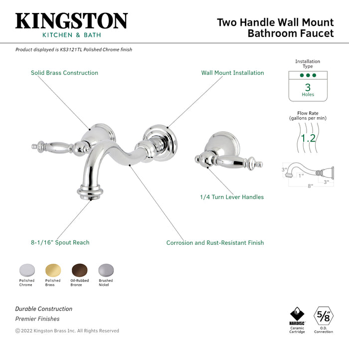Kingston Heirloom KS3125TL - Templeton Double-Handle 3-Hole Wall Mount Bathroom Faucet, Oil Rubbed Bronze