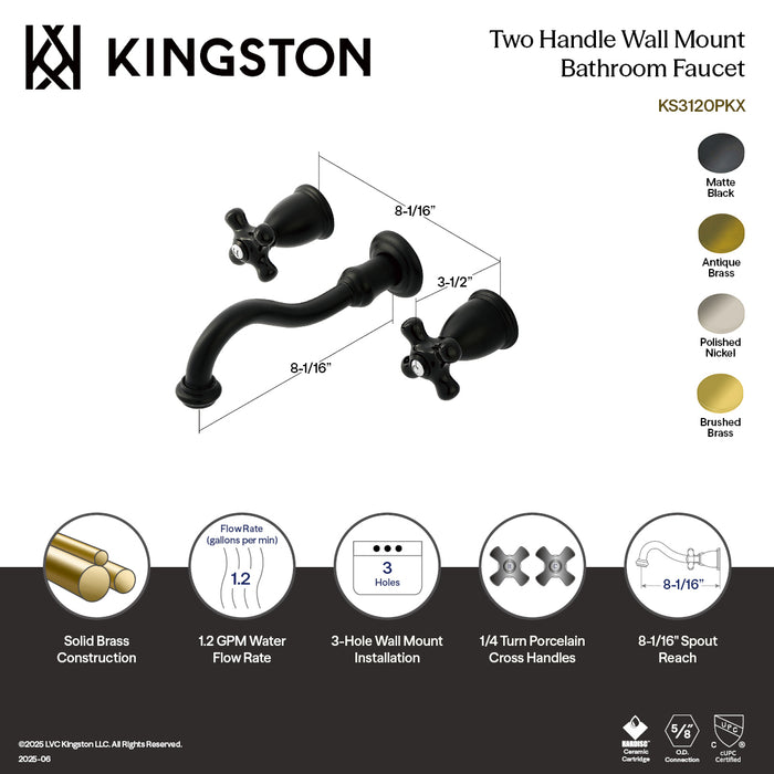 Kingston Heirloom KS3127PKX - Duchess Double-Handle 3-Hole Wall Mount Bathroom Faucet, Brushed Brass