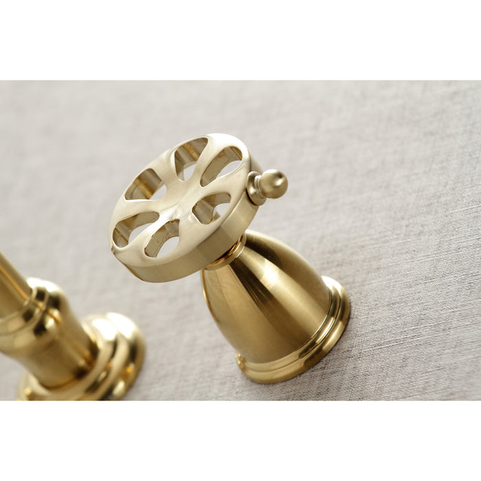 Kingston Tulare KS3127RX - Belknap Double-Handle 3-Hole Wall Mount Bathroom Faucet, Brushed Brass