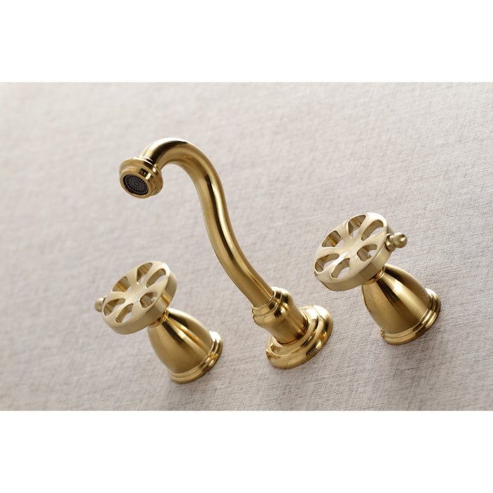 Kingston Tulare KS3127RX - Belknap Double-Handle 3-Hole Wall Mount Bathroom Faucet, Brushed Brass