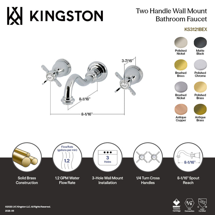 Kingston Heirloom KS3128BEX - Essex Double-Handle 3-Hole Wall Mount Bathroom Faucet, Brushed Nickel