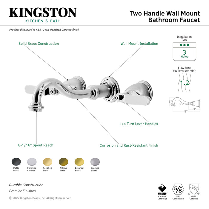 Kingston Heirloom KS3128KL - Whitaker Double-Handle 3-Hole Wall Mount Bathroom Faucet, Brushed Nickel