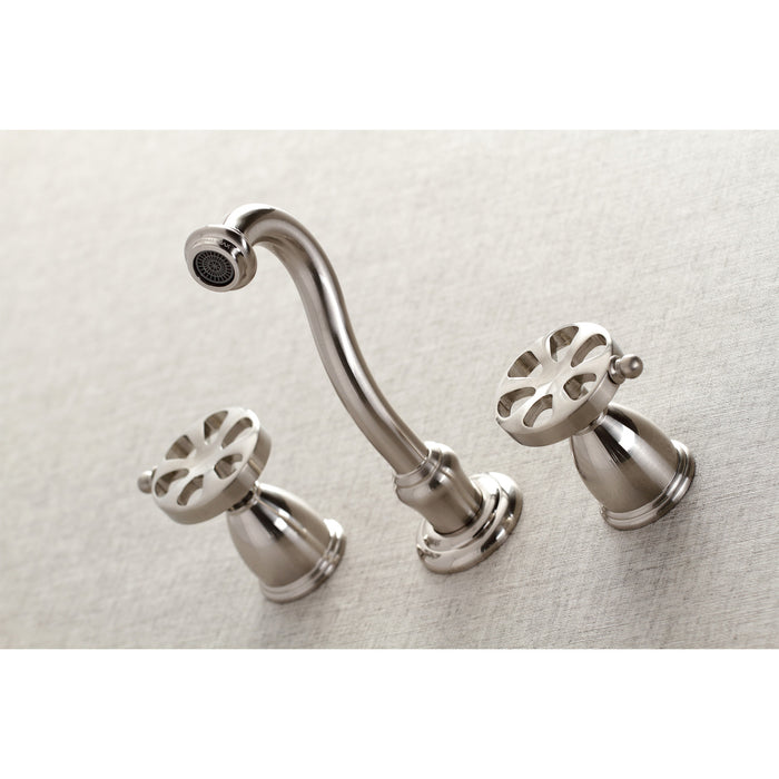Kingston Tulare KS3128RX - Belknap Double-Handle 3-Hole Wall Mount Bathroom Faucet, Brushed Nickel