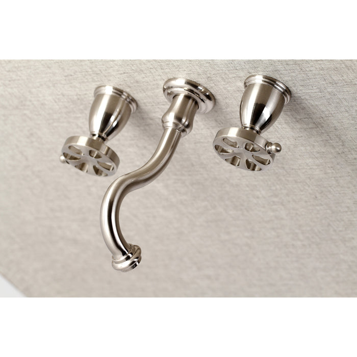 Kingston Tulare KS3128RX - Belknap Double-Handle 3-Hole Wall Mount Bathroom Faucet, Brushed Nickel