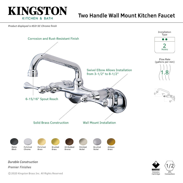 Kingston Tulare KS313AB - Kingston Two-Handle 2-Hole Wall Mount Bridge Kitchen Faucet, Antique Brass
