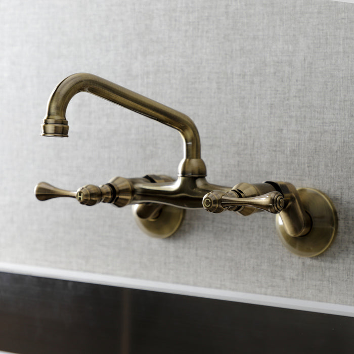 Kingston Tulare KS313AB - Kingston Two-Handle 2-Hole Wall Mount Bridge Kitchen Faucet, Antique Brass