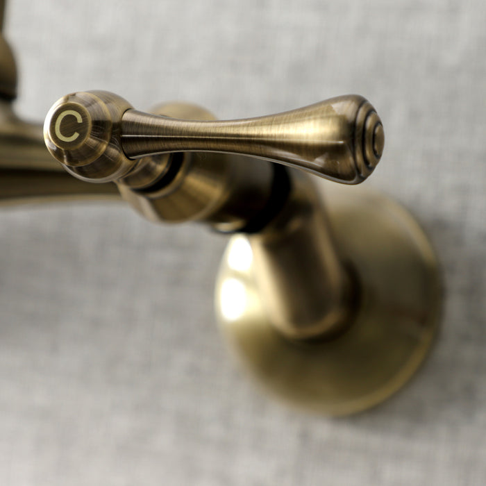 Kingston Tulare KS313AB - Kingston Two-Handle 2-Hole Wall Mount Bridge Kitchen Faucet, Antique Brass