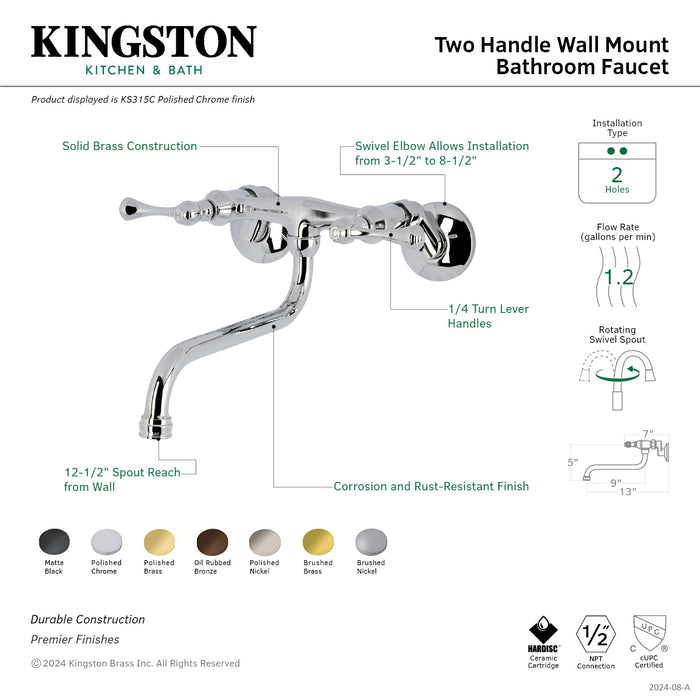 Kingston Tulare KS315MB - Kingston Double-Handle 2-Hole Wall Mount Bathroom Faucet, Matte Black