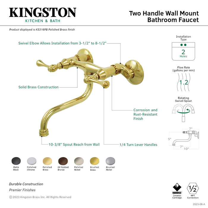 Kingston Tulare KS316C - Kingston Double-Handle 2-Hole Wall Mount Bathroom Faucet, Polished Chrome