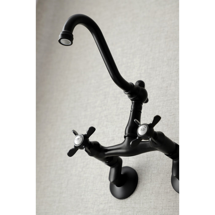 Kingston Heirloom KS3220BEX - Essex Two-Handle 2-Hole Wall Mount Bridge Kitchen Faucet, Matte Black