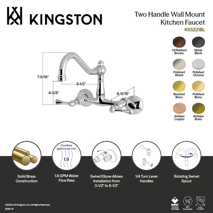 Kingston Heirloom KS3220BL - Vintage Two-Handle 2-Hole Wall Mount Bridge Kitchen Faucet, Matte Black